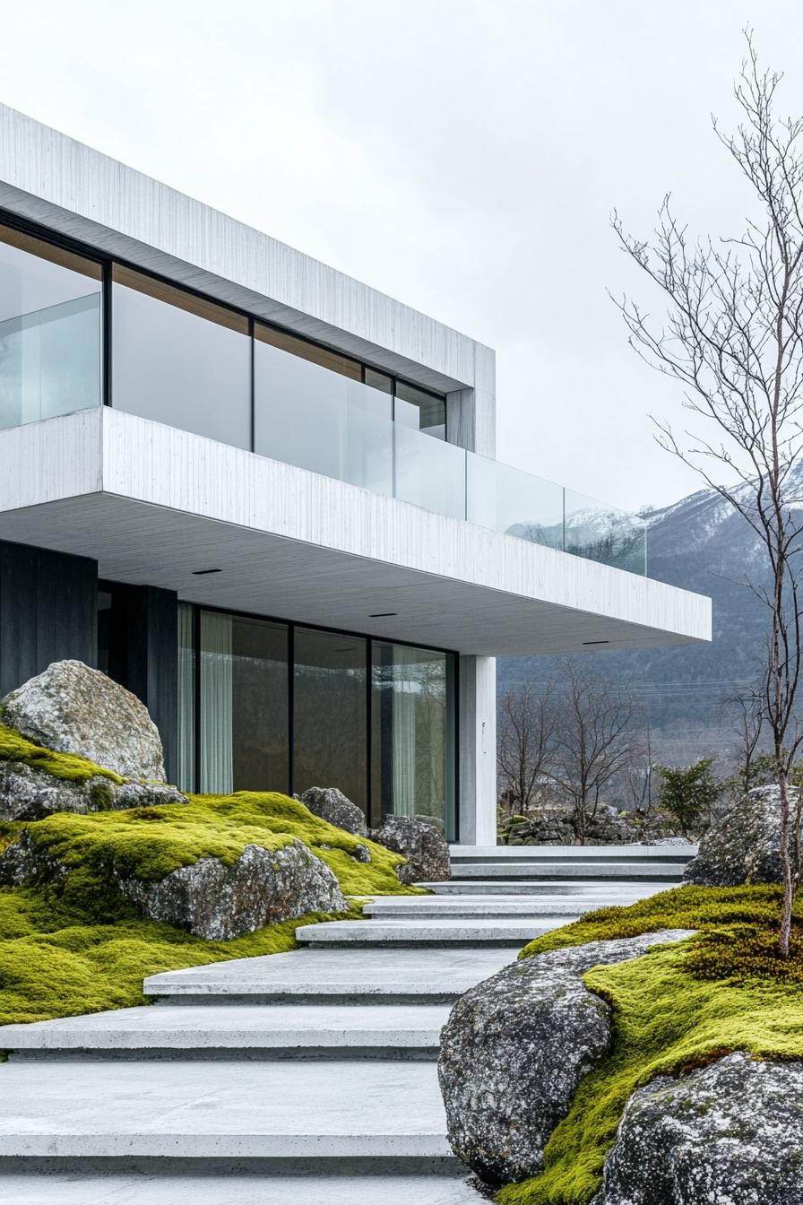 modern minimalist symmetrical white concrete house facade with glass walls front yard with mossy rocks Japanese mountains in the background 3