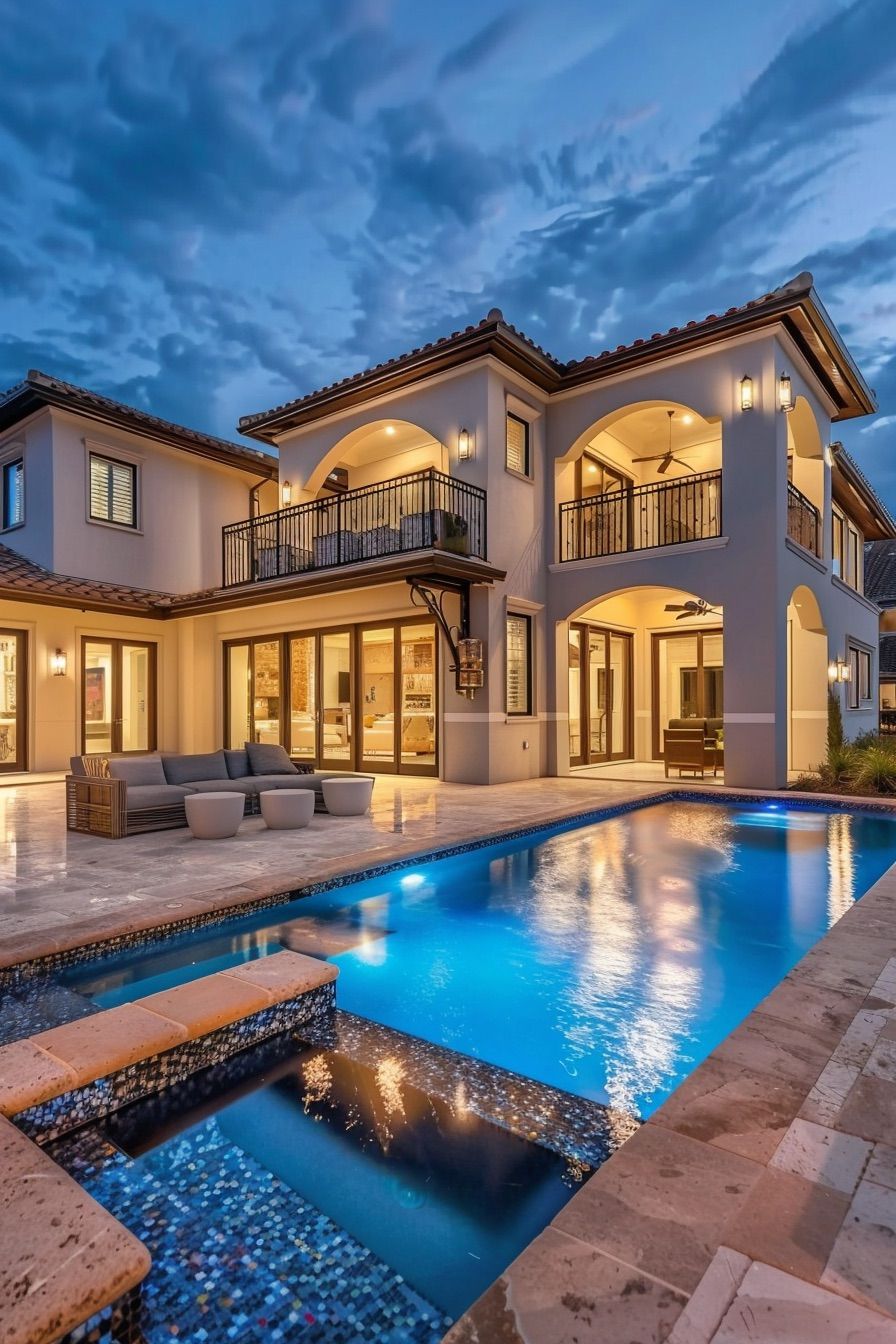 mediterranean house with pool and outdoor seating