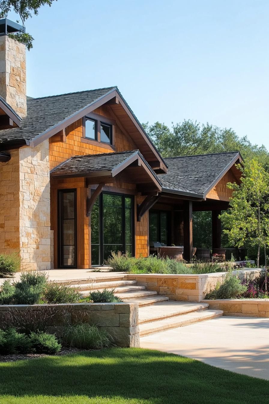 modern ranch house with rustic siding and part stone walls 1