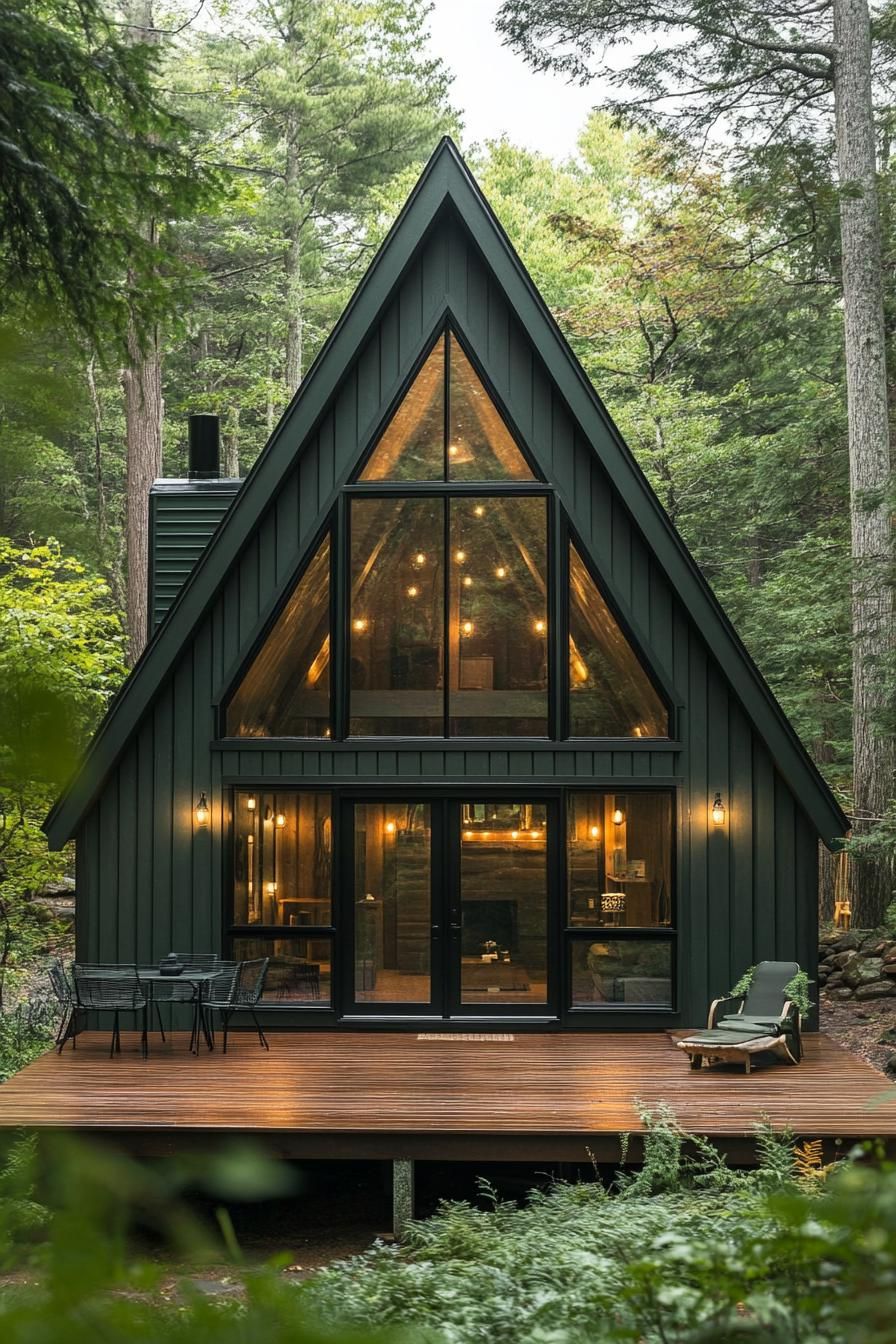 modern a frame cabin in deep dark green board and batten siding black roof natural wood front deck full wall glass windows and doors forest