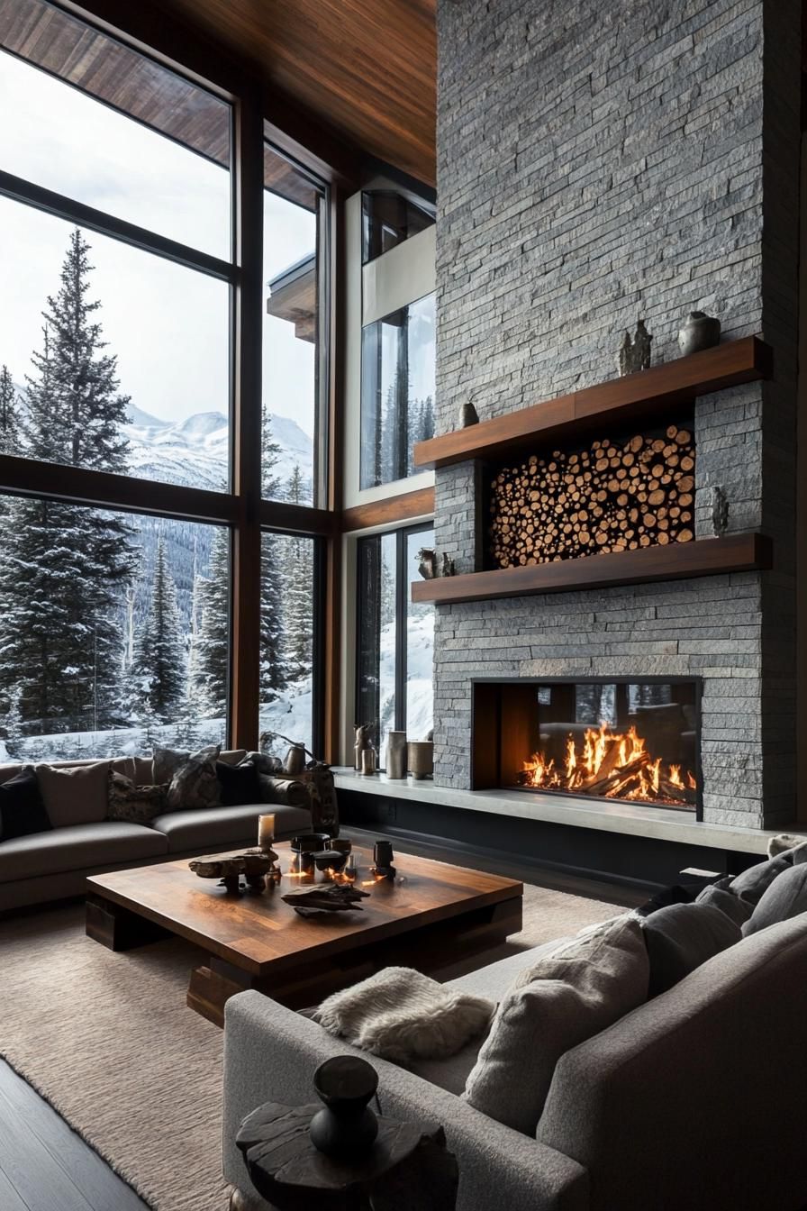 Modern mountain home interior. Dominating the area is a grand stone fireplace stretched vertically flanked by a stylish wood shelf with stacked logs