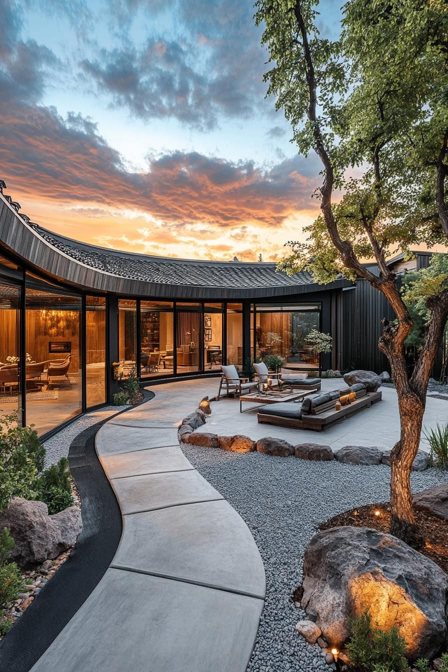 chinese inner courtyard with concrete deck and path rocks and native plants tree in the corner the house has chinese curved slope with barrel grey 2