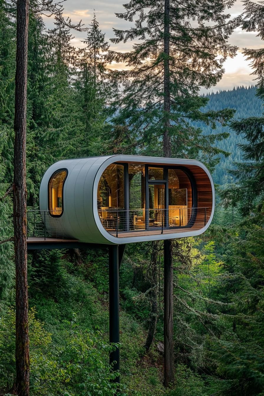modern mountain pod house on high stilts in lush mountain woods