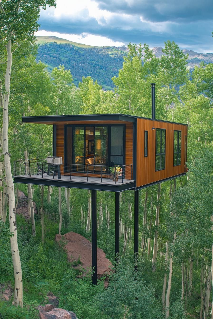 modern mountain pod house on high stilts in lush mountain woods 2