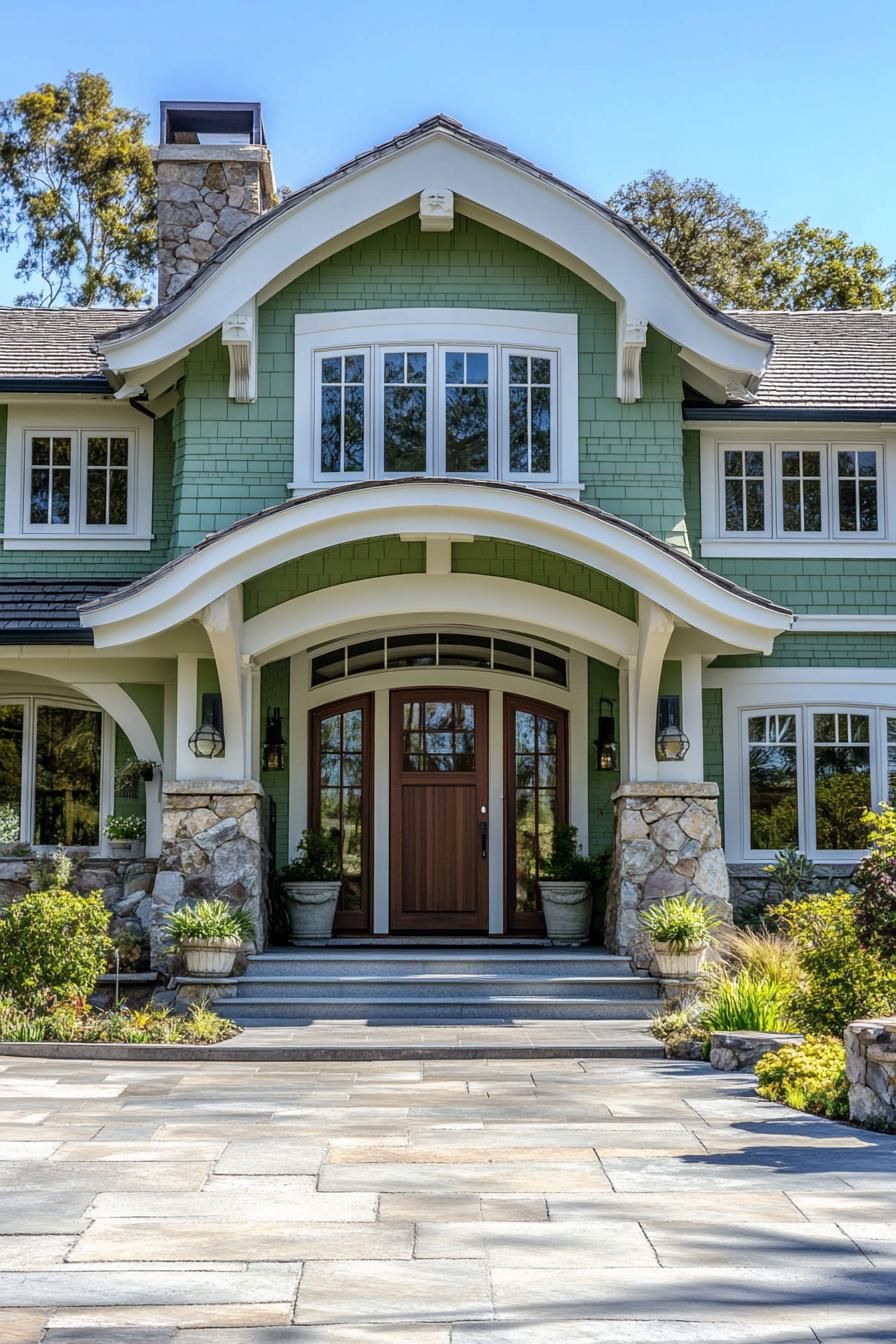 large craftsman style house with pale pastel green siding stone foundations white trim windows arched entry with large door potted plants by front