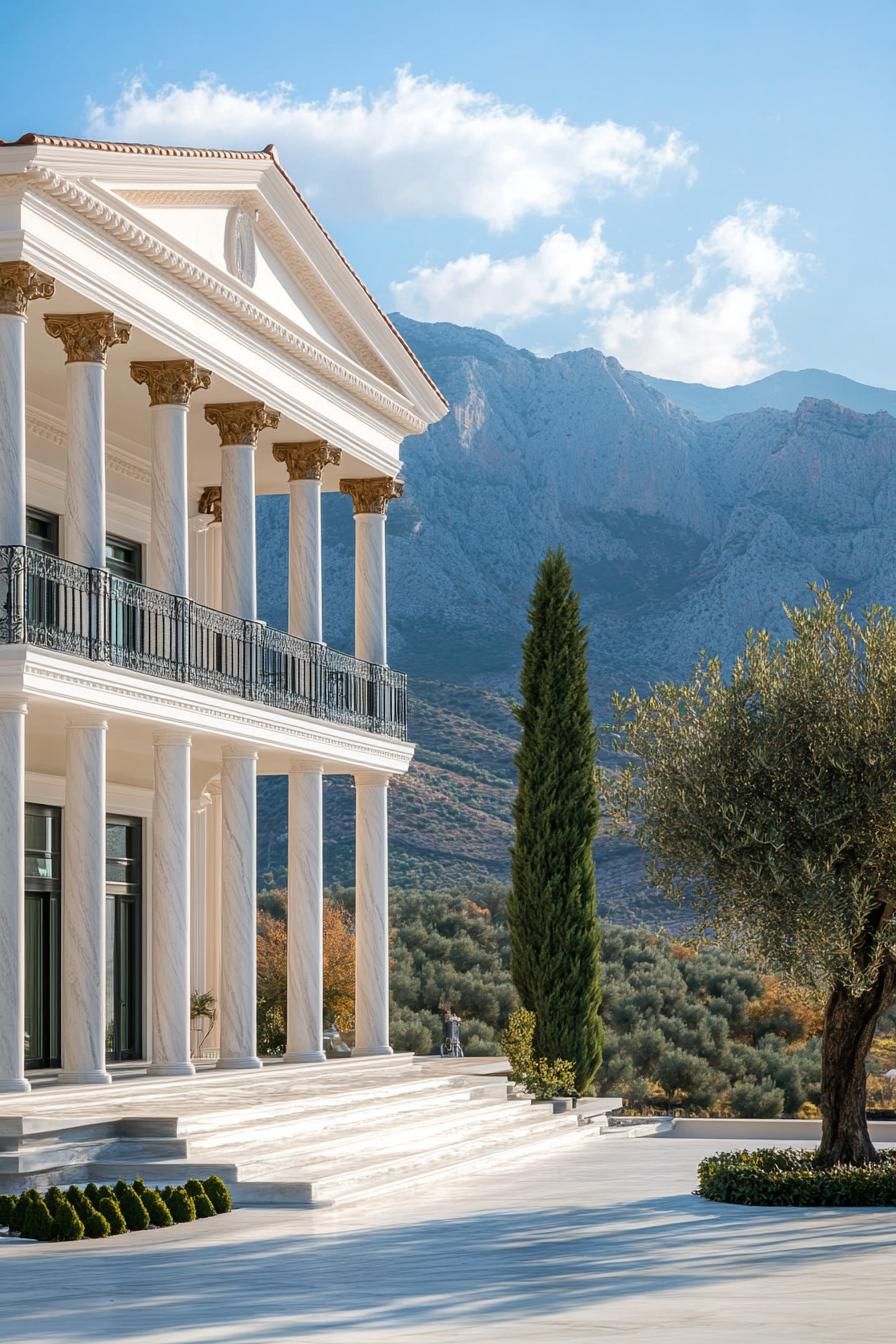 modern Greek mansion house facade with large marble columns mediterranean mountains in background olive tree in foreground