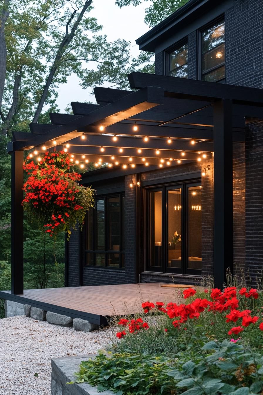 modern black house front porch with black pergola red climber flowers and string lights