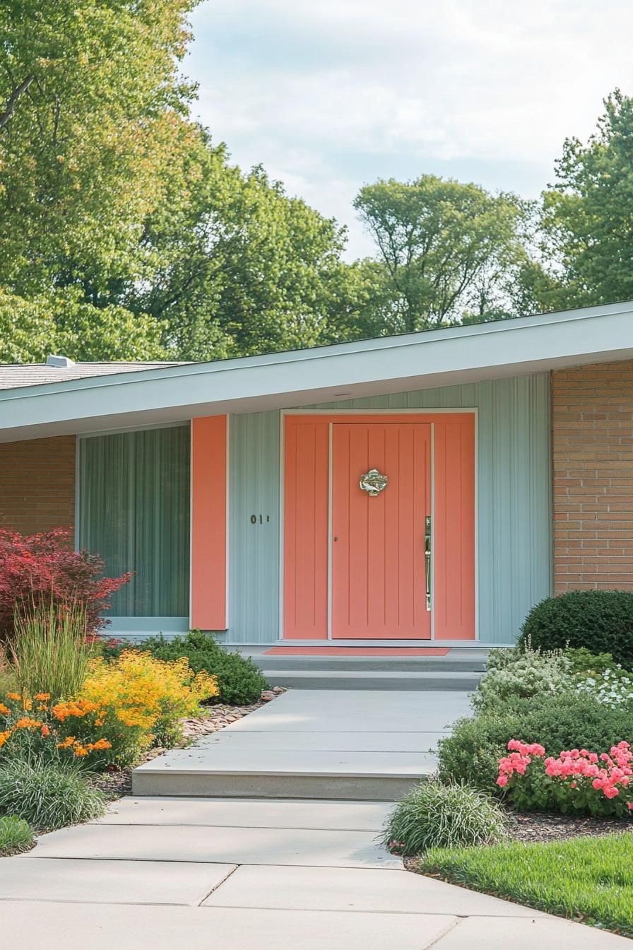 mid century modern house facade in aque and coral colors in white trim 3