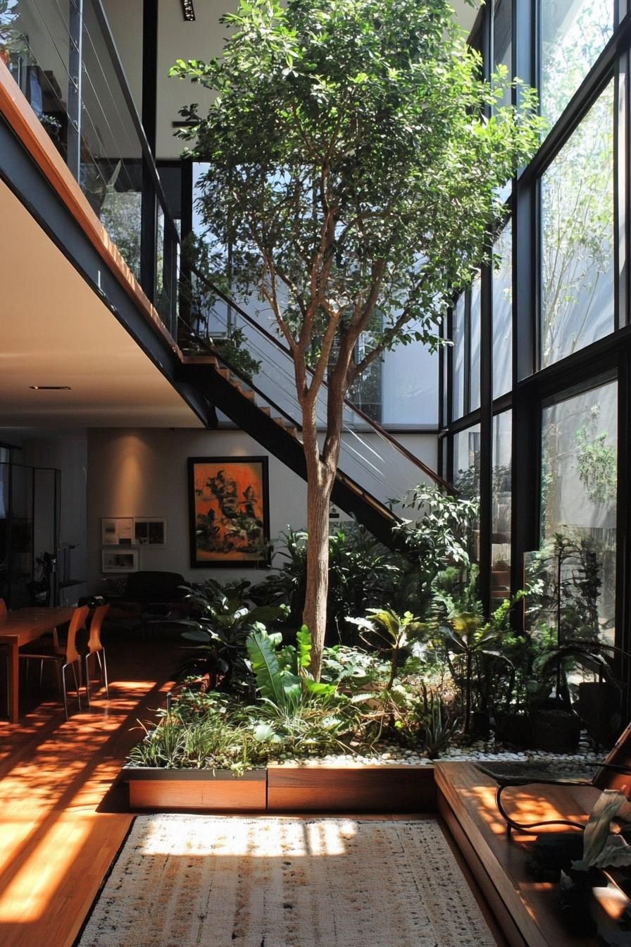 modern industrial house indoor atrium with a tree and garden