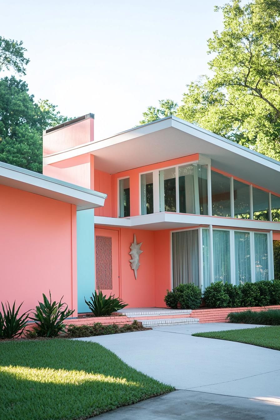 mid century modern house facade in aque and coral colors in white trim