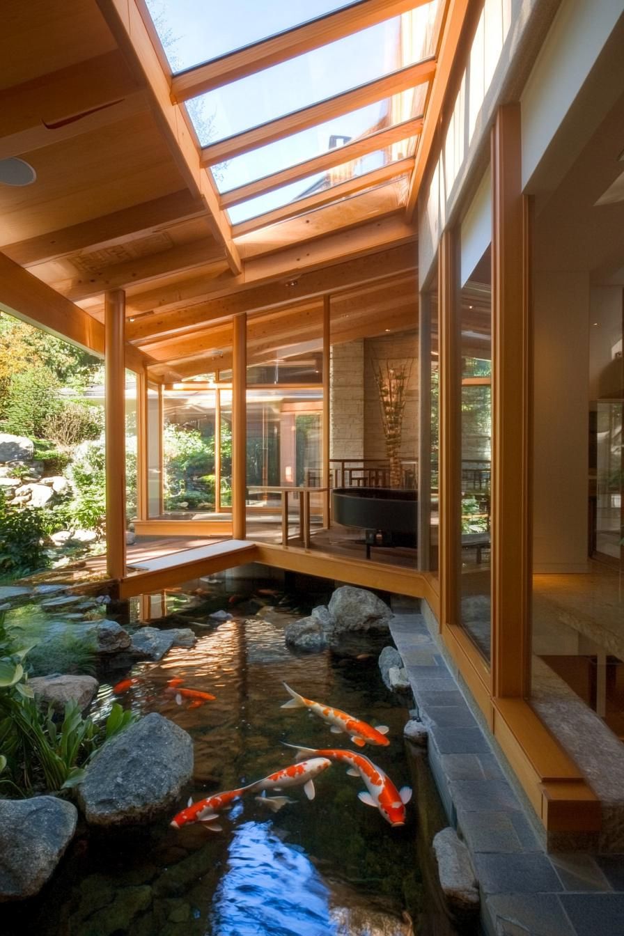 modern unique japanese style zen home with indoor koi pond atrium with a bridge 3
