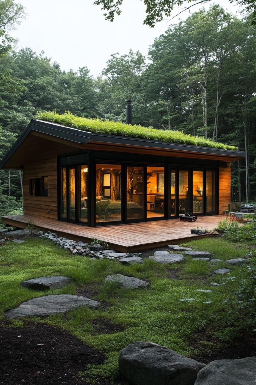 modern forest house log cabin facade with green living roof