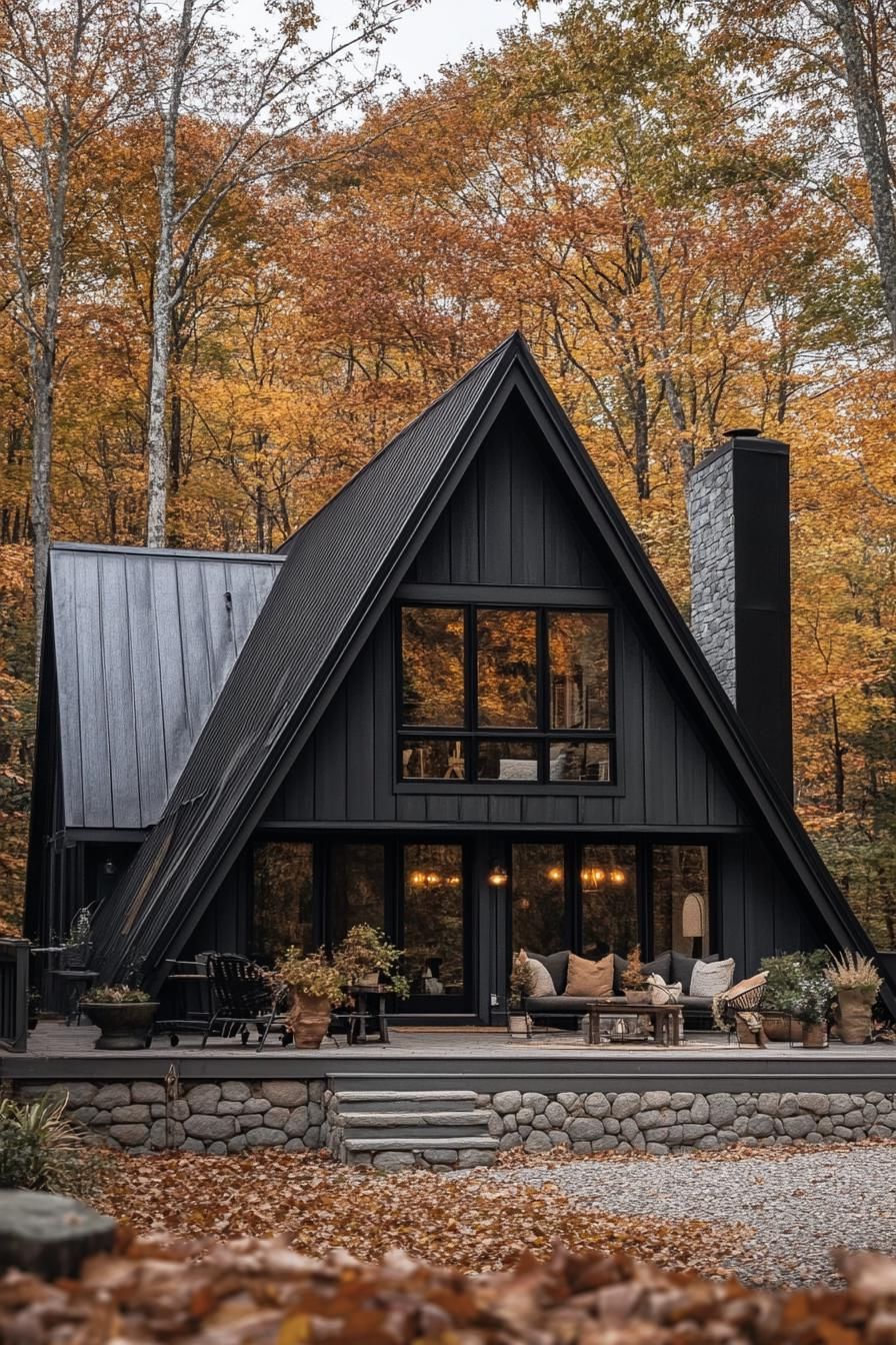 large a frame house with charred wood siding black metal roof with black chimney stone foundation with front deck with outdoor furniture house 3