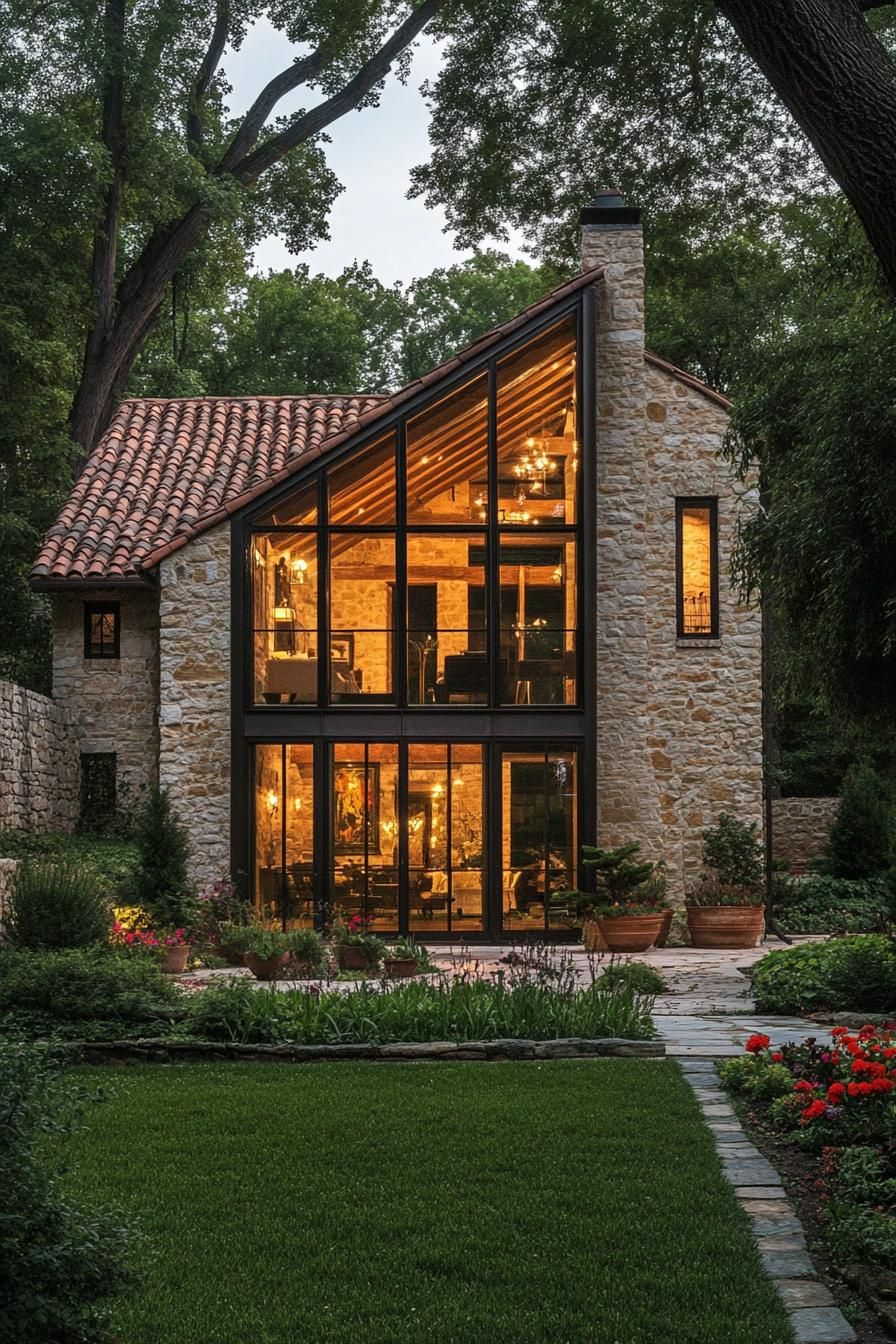 A contemporary stone house featuring an angled glass facade dominates the foreground. The glass sections reveal an inviting interior glowing with