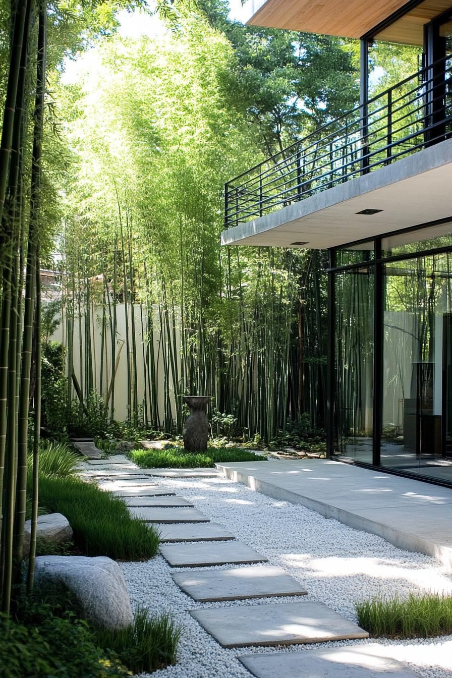 modern house zen garden with lush bamboo forest views 2