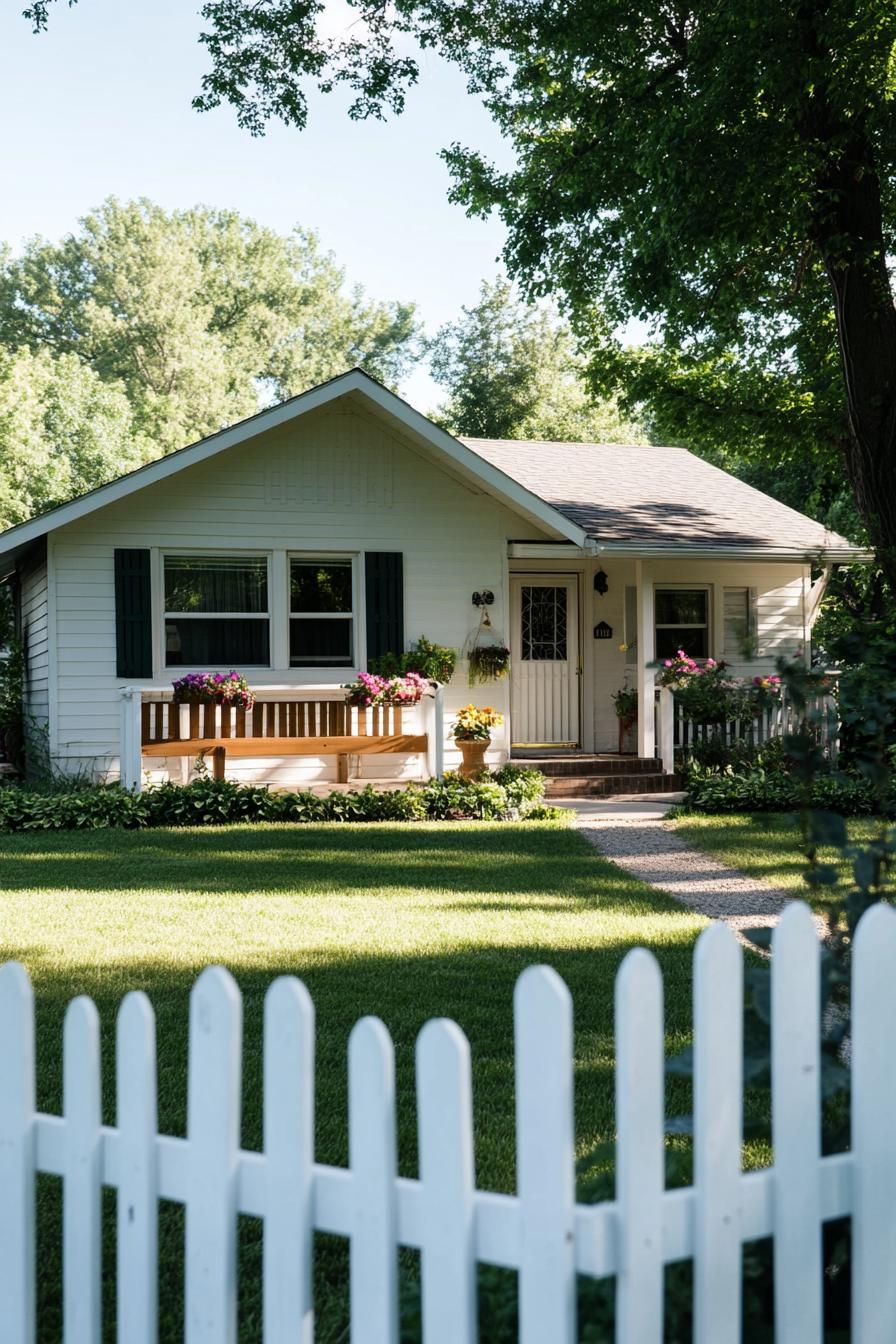 80s house modern exterior makover gable roof front porch with a bench flower pots green front yard lawn picket fence