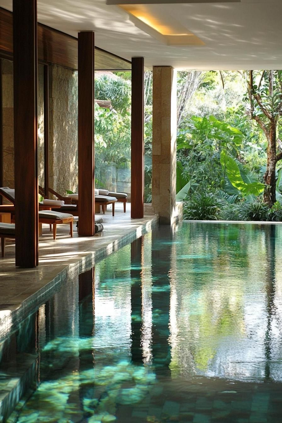 modern home indoor pool with glass walls and door and the pool extending to the outside lush garden outside is visible 2