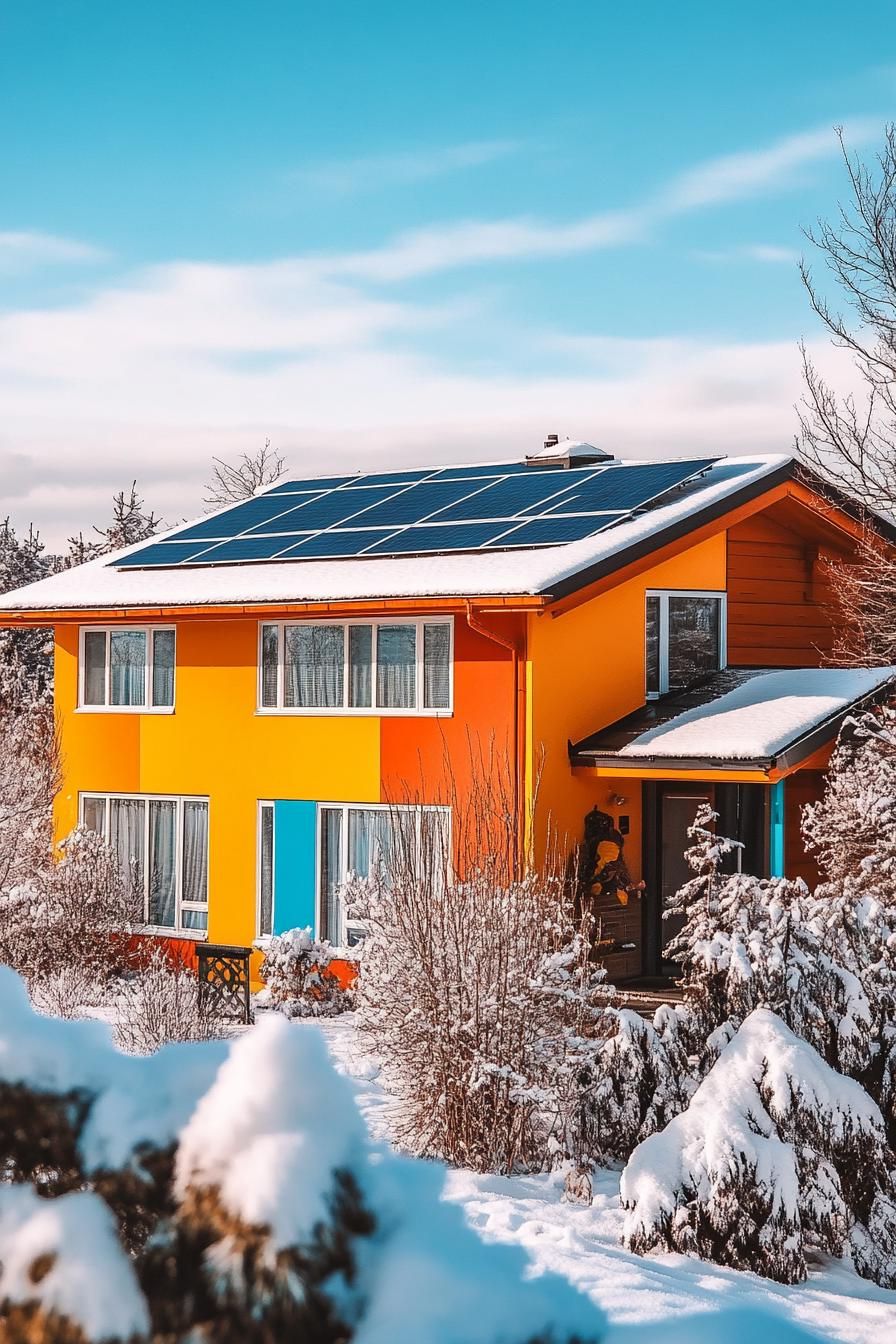 80s house facade modern makover high angle view solar panels on the roof roof painted vibrant hue winter in suburbs