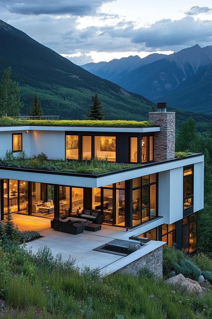 modern mountain house with white corrugated metal cladding green living roof large stone paved patio stunning American mountains in the background