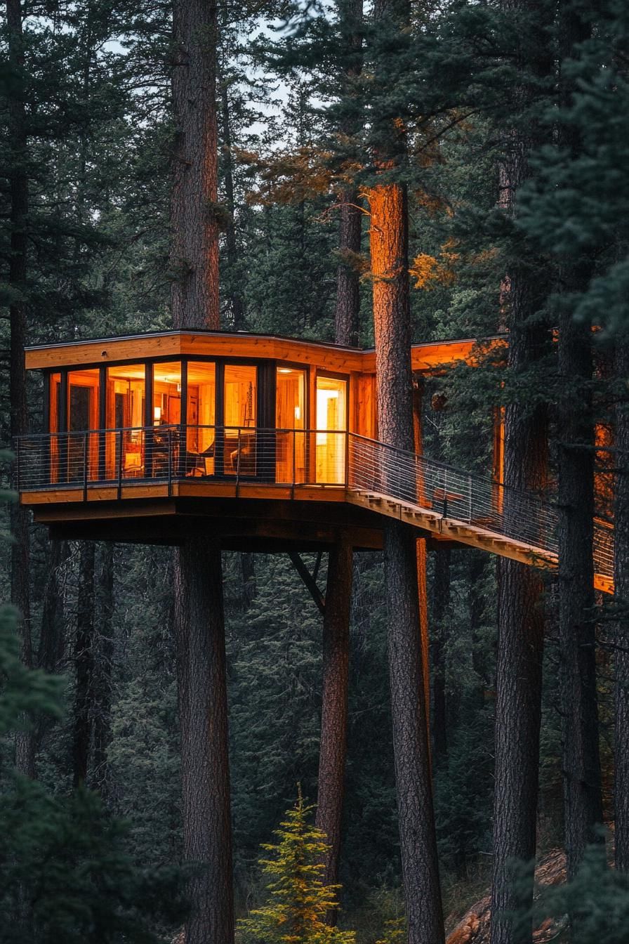 modern forest treehouse nestled high between pine trees