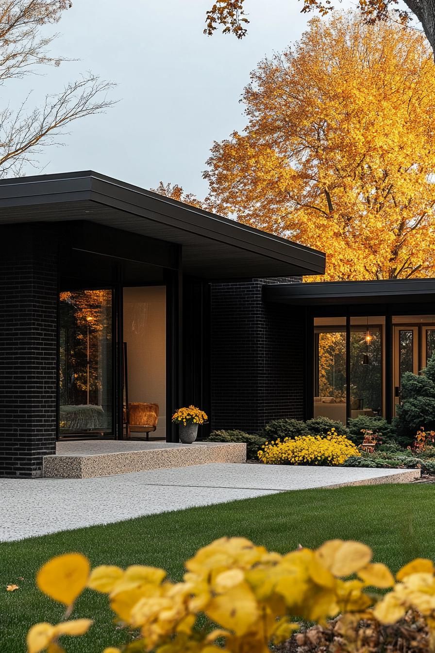 mid century modern black house black terrazzo facade with gold flecks full house view yellow meadow front yard 3