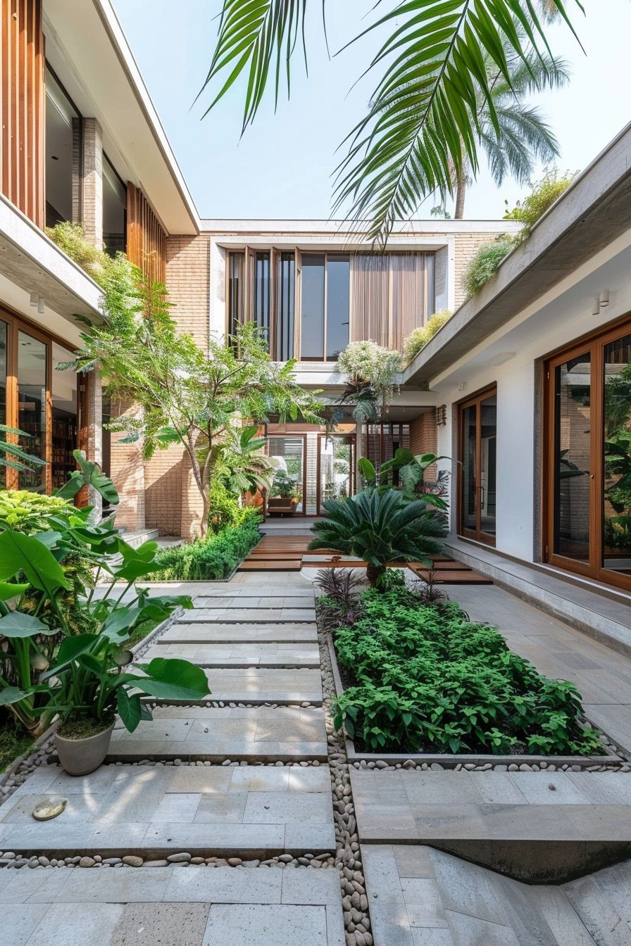 courtyard house mid century modern garden with potted plants