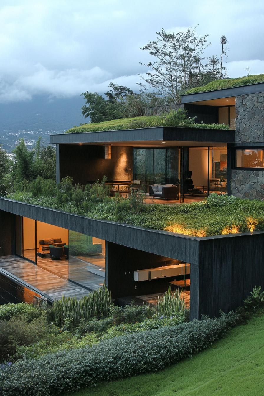 modern green exterior house with earth roof