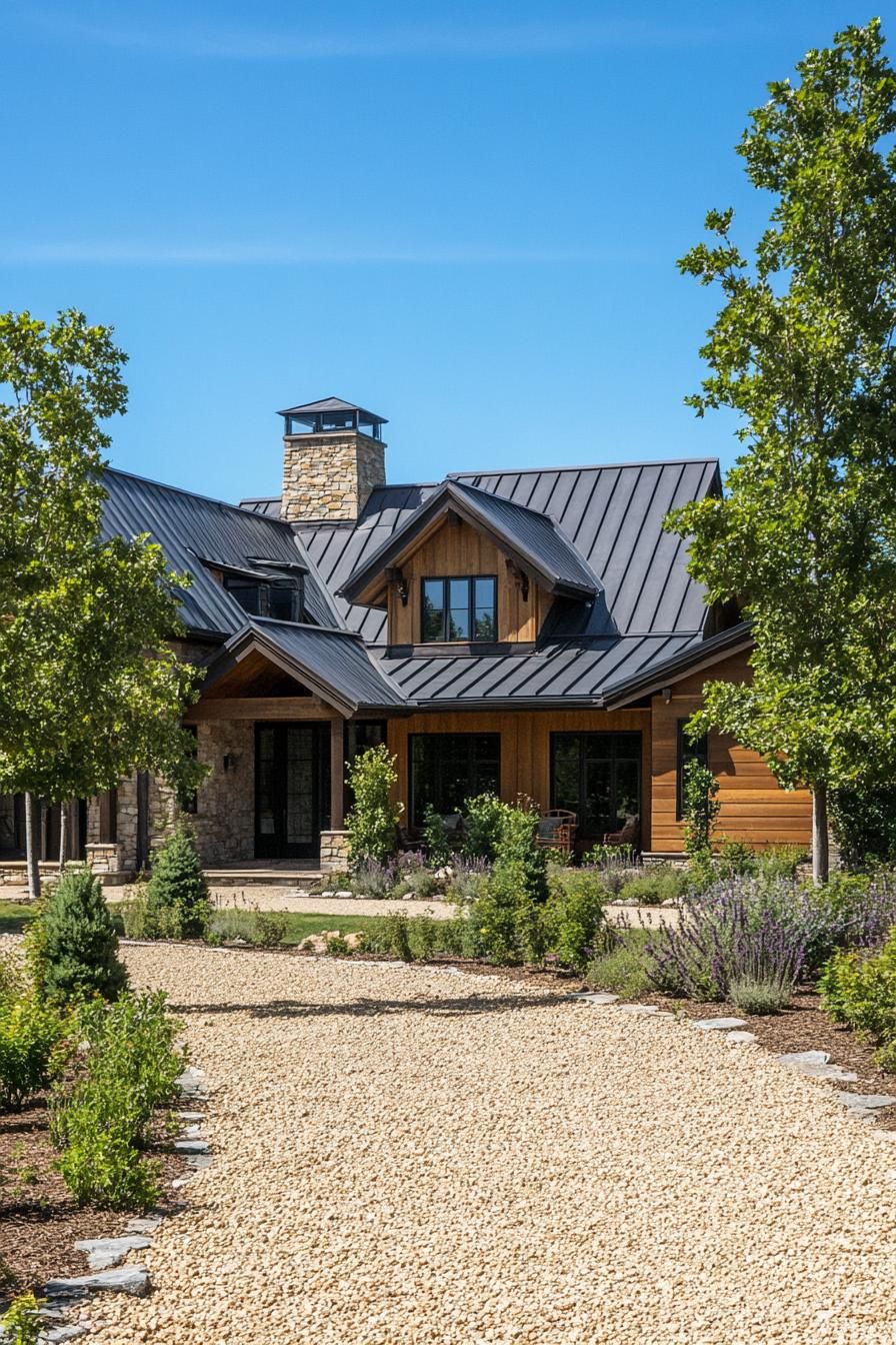 single story ranch house in rustic siding metal multi pitched roof with turrets gravel yard and young trees
