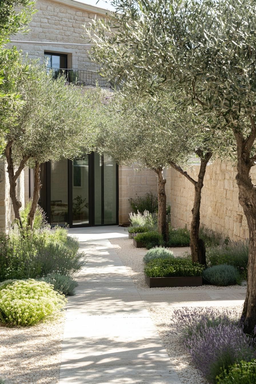modern French mediterranean house inner courtyard garden with olive trees