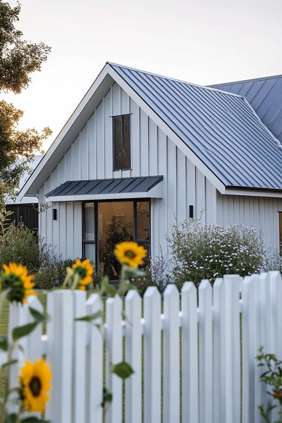 80s house modern makeover facade metal gable room shiplap cladding yard with white picket fence and a patch of sunflowers 3