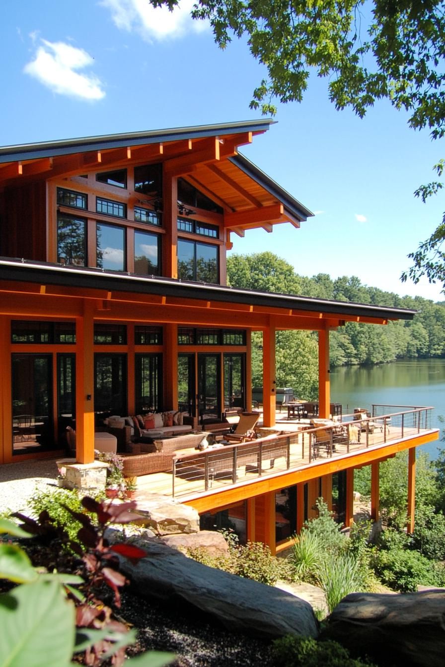 modern japanese style timber frame house facade with open timber frame large overhang and large deck with sitting area overlooking a beautiful lake down the hill