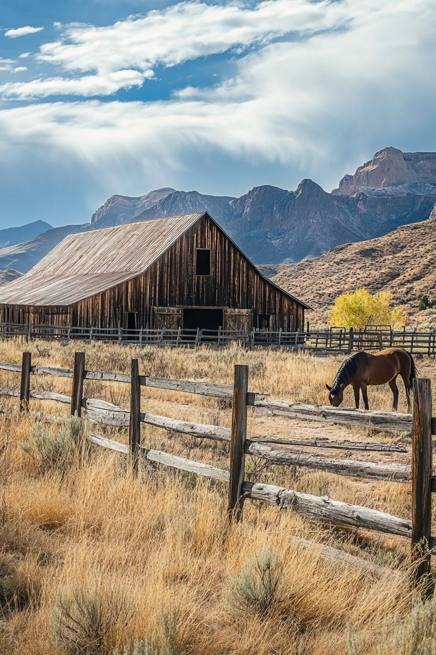 ranch barn building with rustic fences and horses arid mountains 2