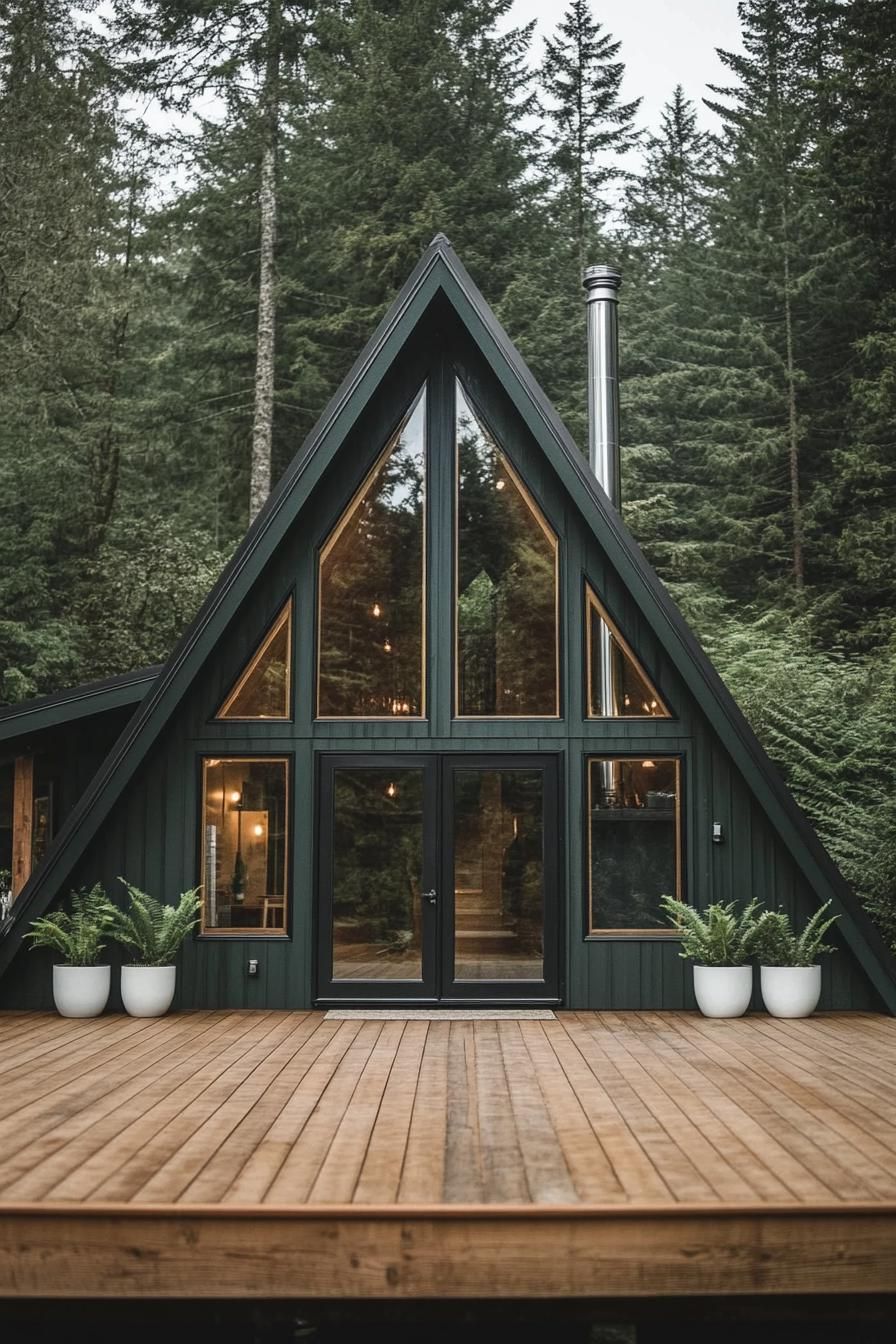 view from the deck of a deep dark green a frame cabin with full glass windows and natural wood door with glass panels chromed chimney on the roof 3