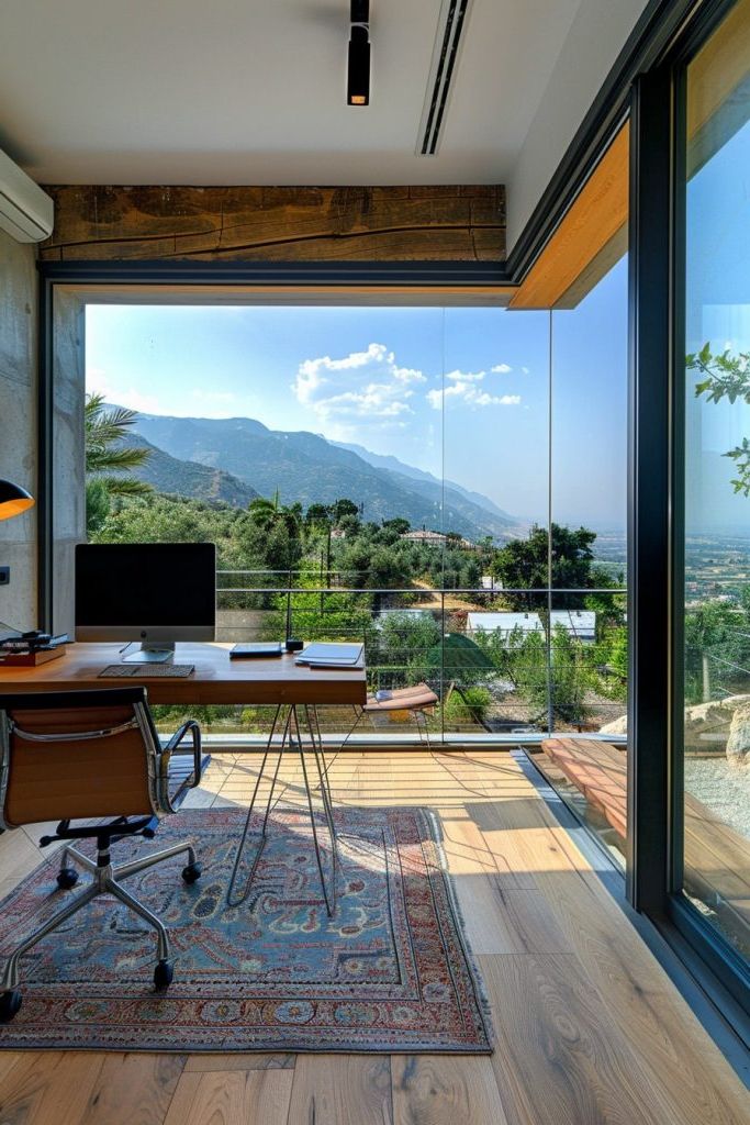 home office with balcony and glass walls