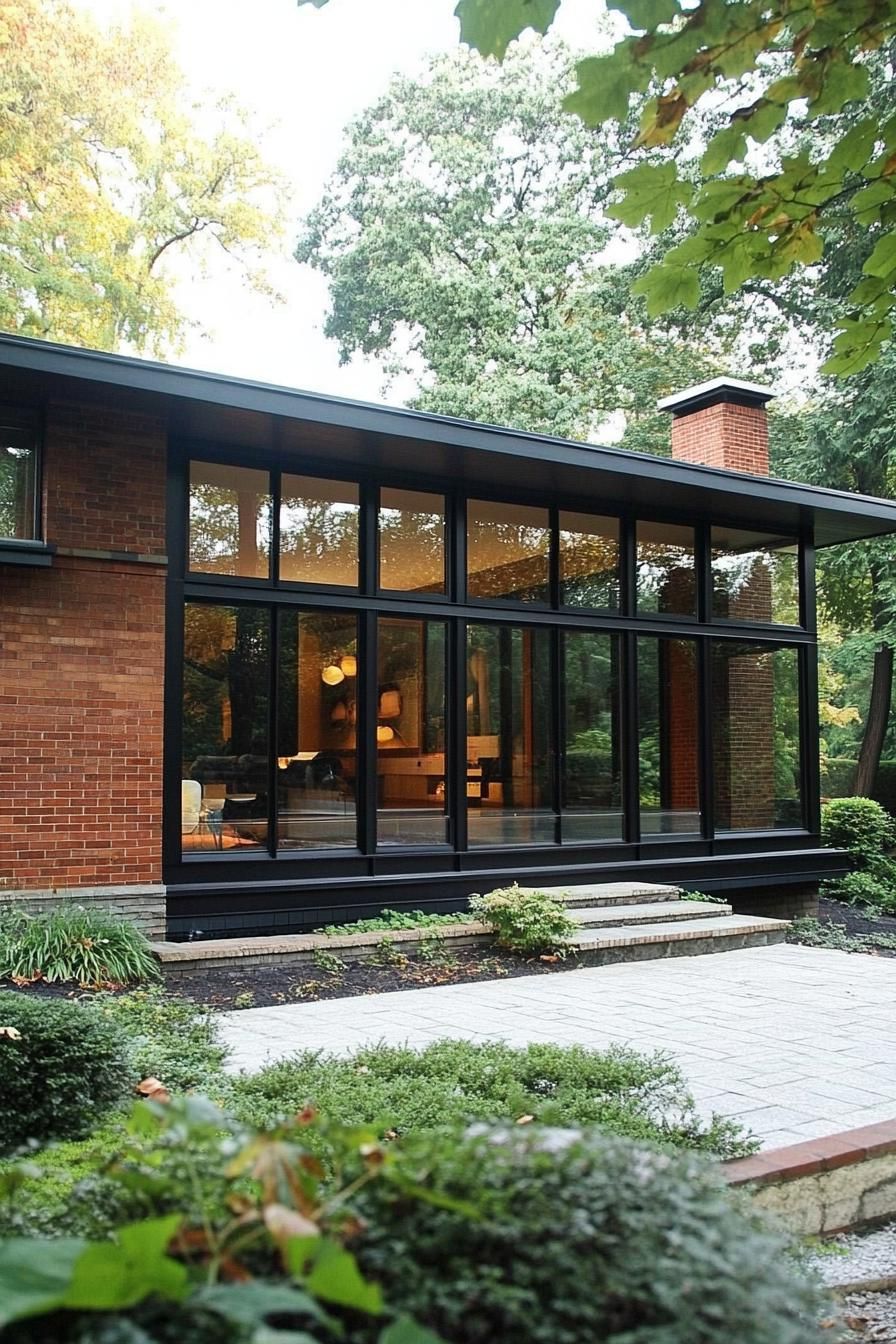 mid century modern house facade big windows with simple frames