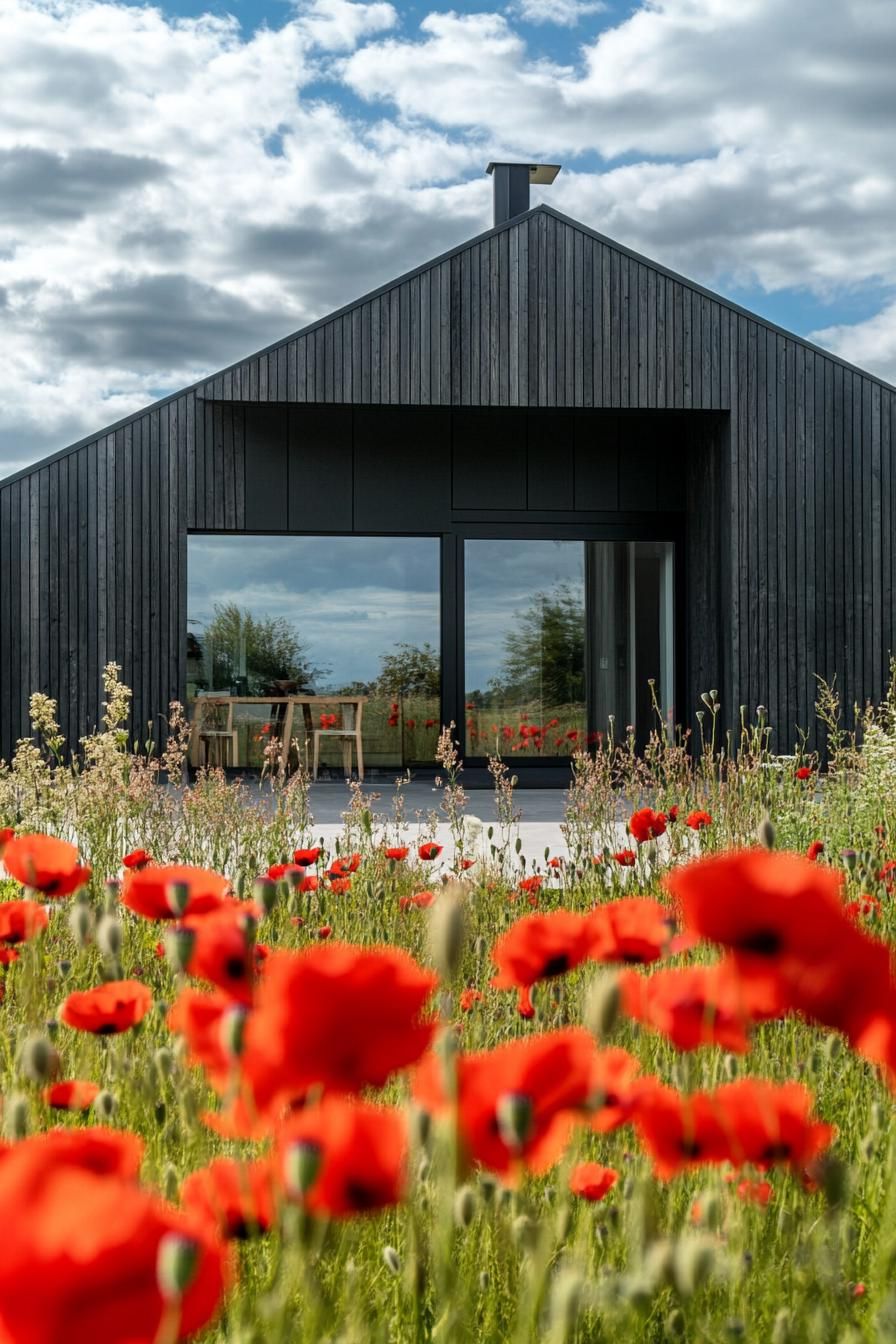 mid century modern black house facade blackwashed cedar cladding full view in a meadow of red poppies 2