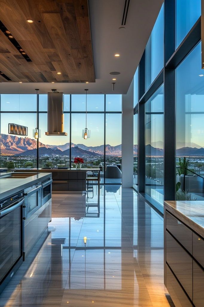 An Open-concept Kitchen With Floor-to-ceiling Windows