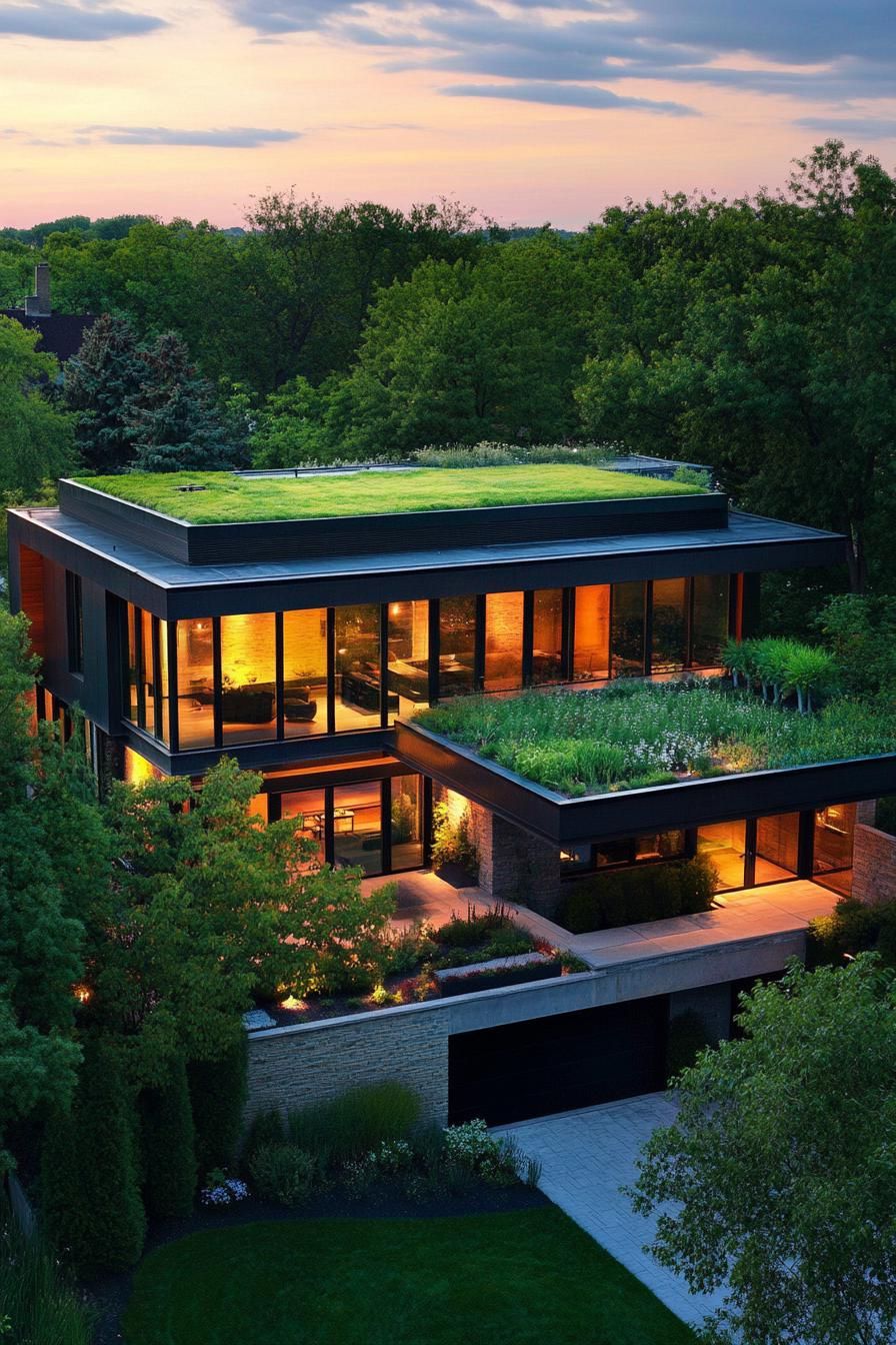 modern suburban mansion with green living roof