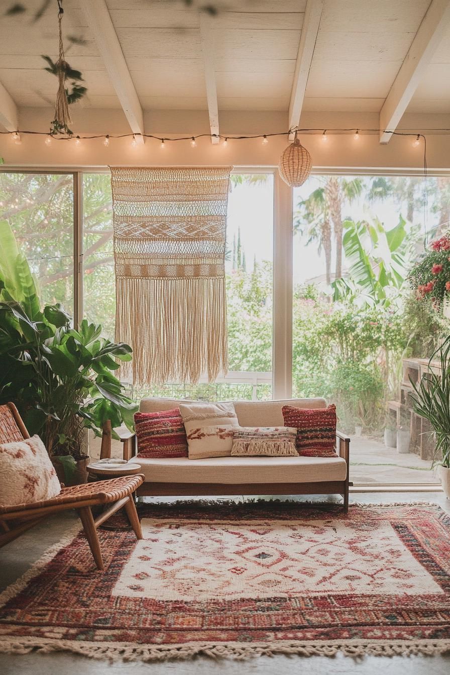 mid century modern house interior with woven boho wall hangings and large windows overlooking a lush backyard garden with string lights 2