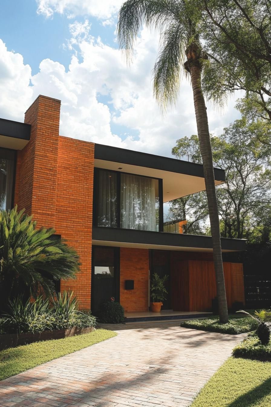 80s house modern facade makover with textured brick walls suburbs cloudy weather 2