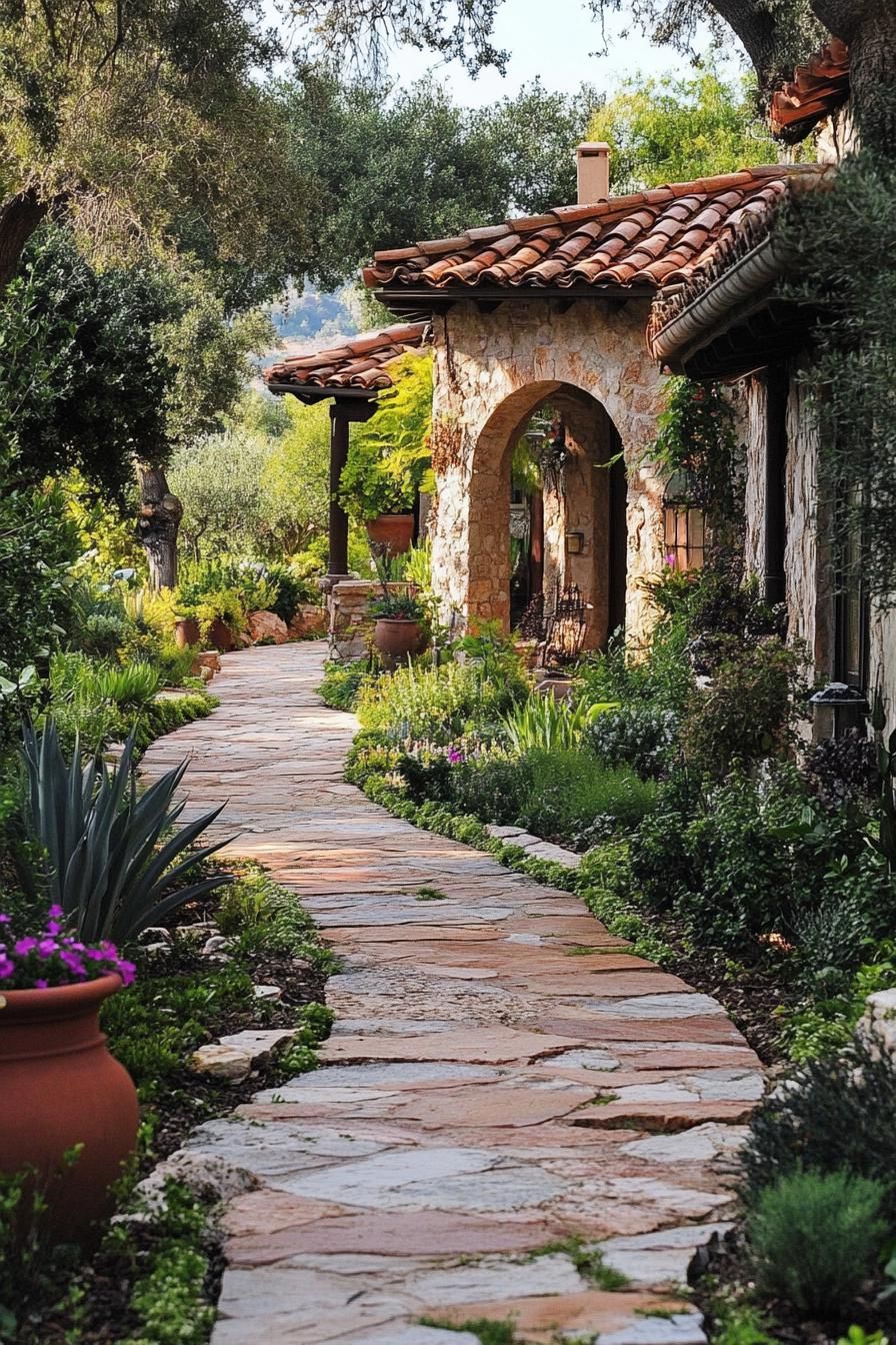 mediterranean revival architecture home garden with stone and terracotta pathway