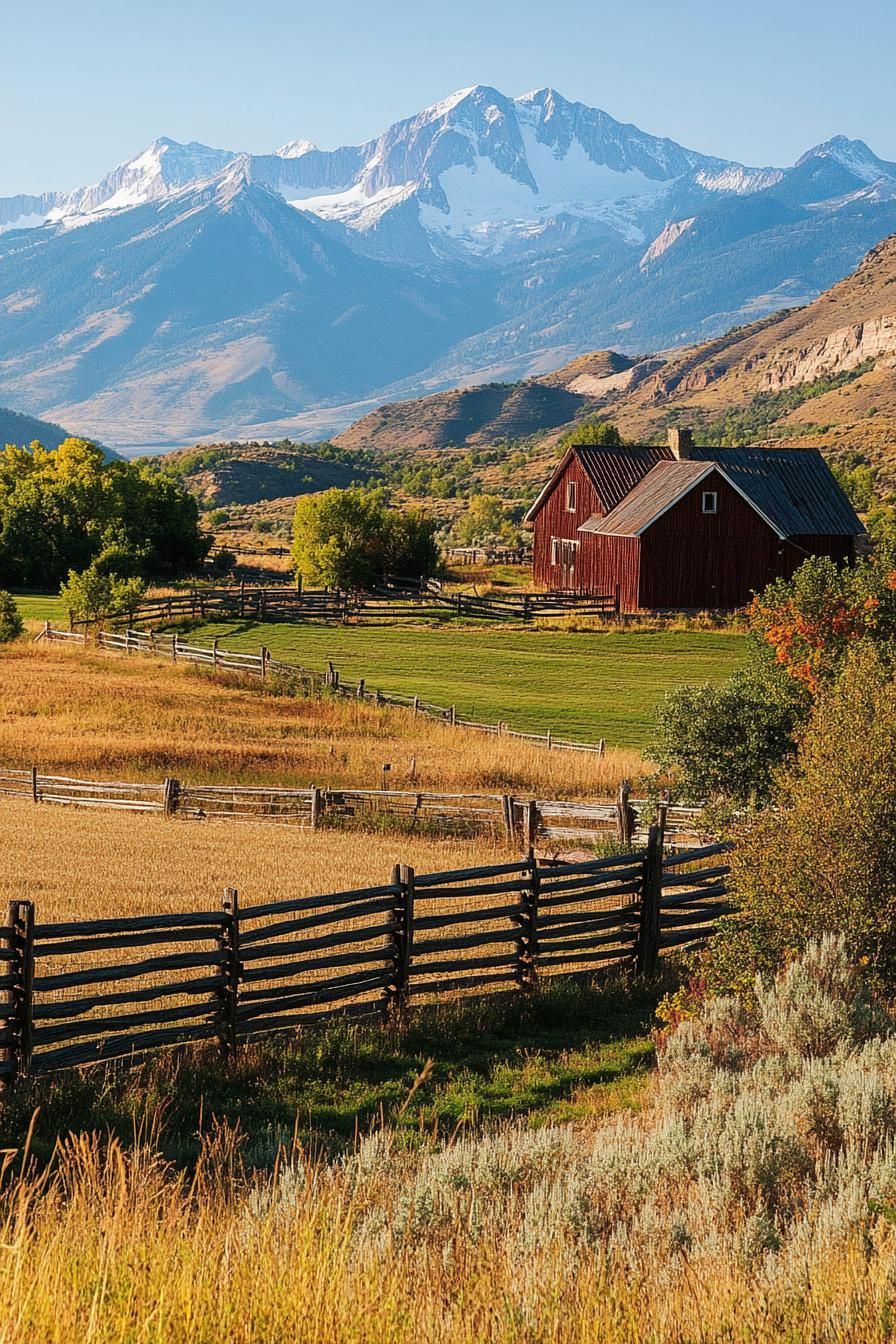gable roof ranch farm fields horizontal slat ranch fence dramatic mountains in the backdrop 1