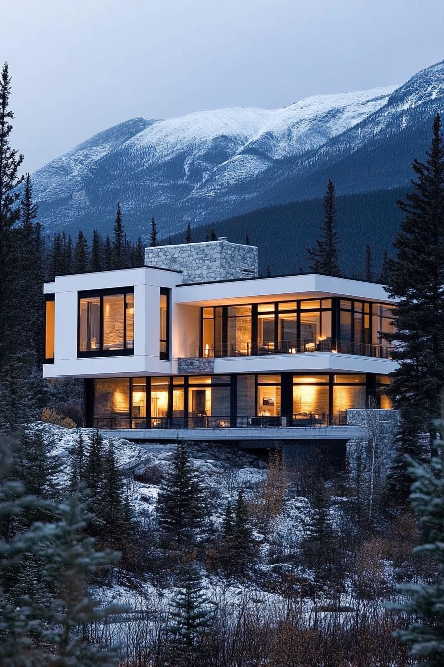 modern white conterete mountain house with panoramic windows Canadian mountains in the background