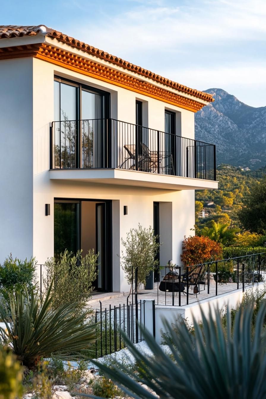small modern mediterranean house facade with iron balconies mountian view