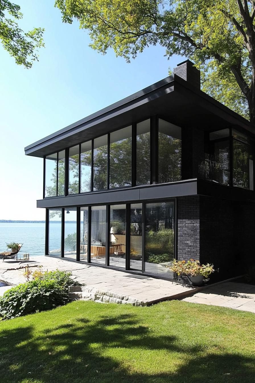 Jet Black Stucco With Large Glass Windows