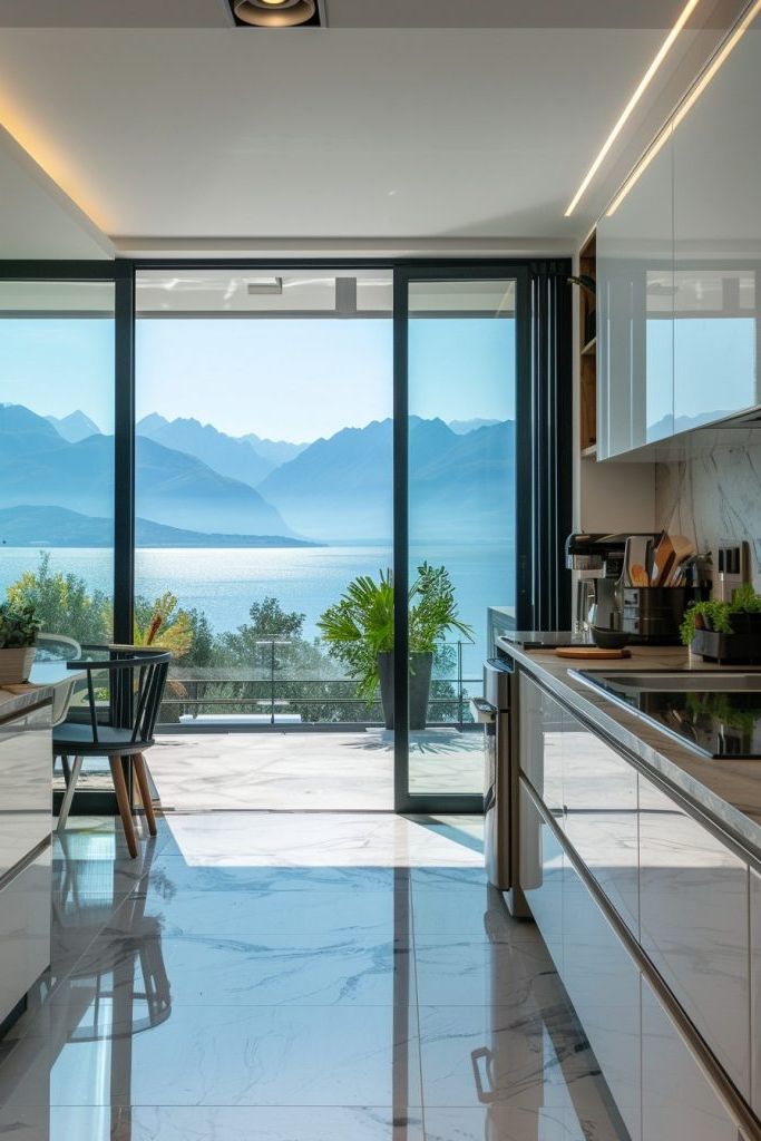kitchen glass doors sea view