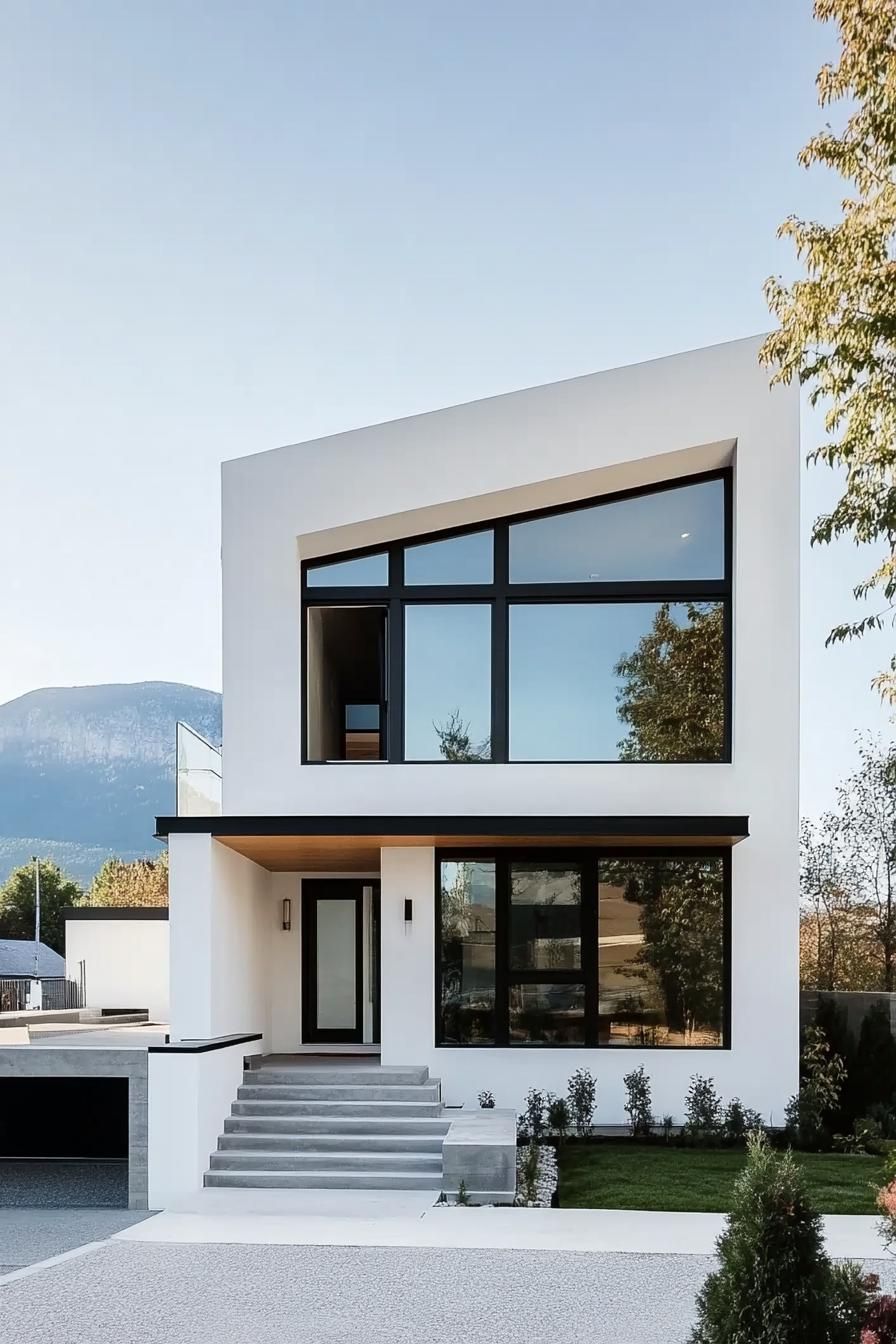 modern cube house white facade with black trim mountain range in the background 3