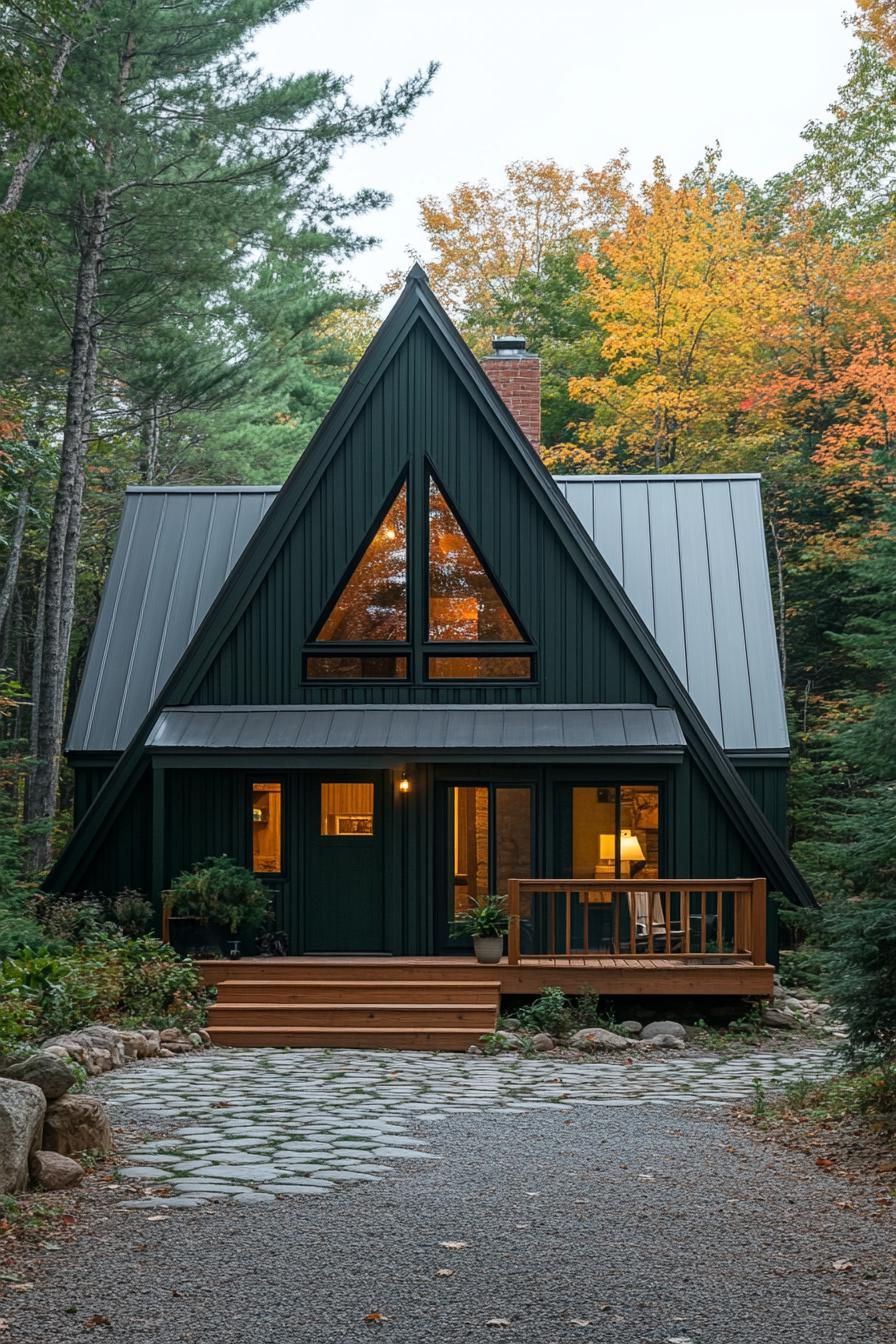 a frame cabin in deep dark green cladding deep dark green roof in slats porch has a pitched roof natural wood door with tall narrow windows on the 3