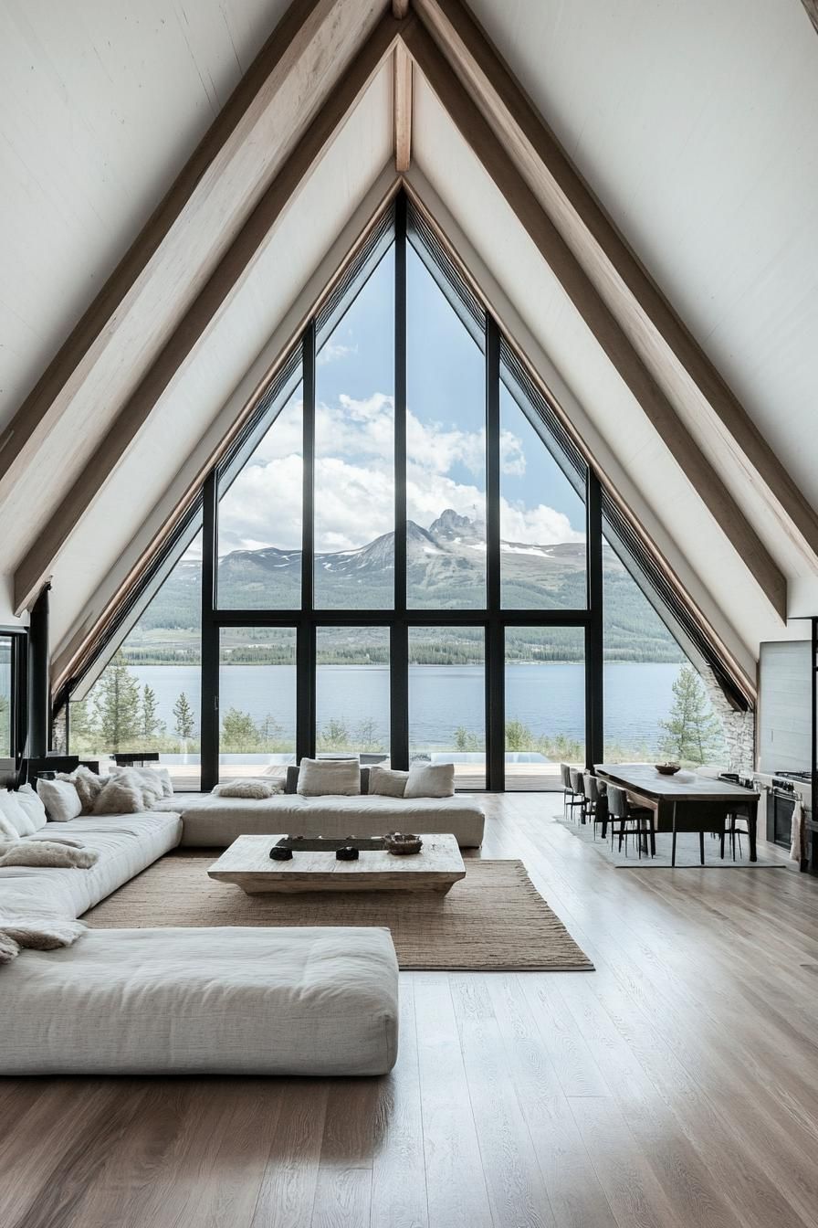modern a frame house with full wall windows and mountain lake views 3