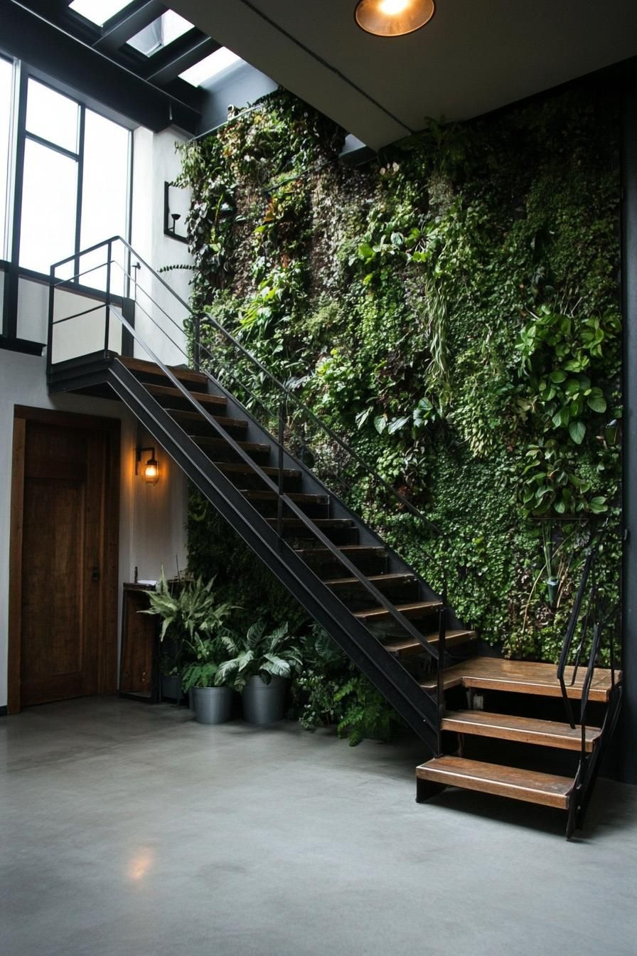 modern industrial loft home metal staircase and vertical garden wall 2